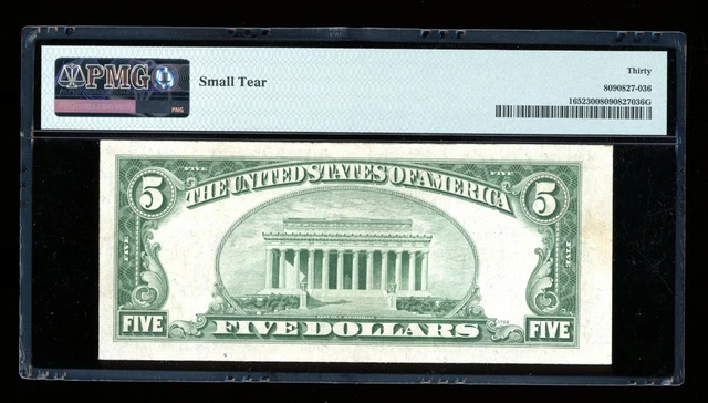 DBR 1934-B $5 Silver Fr. 1652 Vinson LA Block PMG 30 Serial L86288740A 2