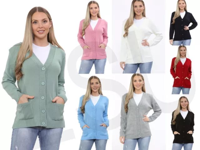 Ladies Women Girls Plain Cardigan With Buttons Knitted Long Sleeve With Pockets