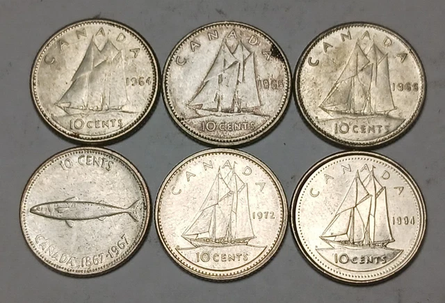Lot of 6x Canada 10 Cents QEII - Canadian Dimes 1964-1994 - Silver and Nickel!