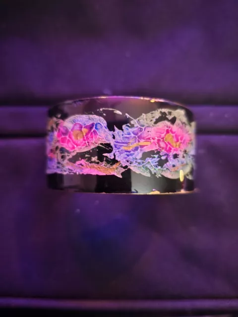 Fabulous Vintage Cuff Bracelet Floral Glittery Baked Enamel Brass Pink Black