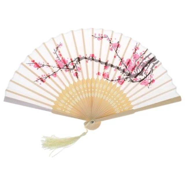 Vintage Chinese Folding Hand Held Fan Japanese Plum Blossom Tassel Silk Bamboo