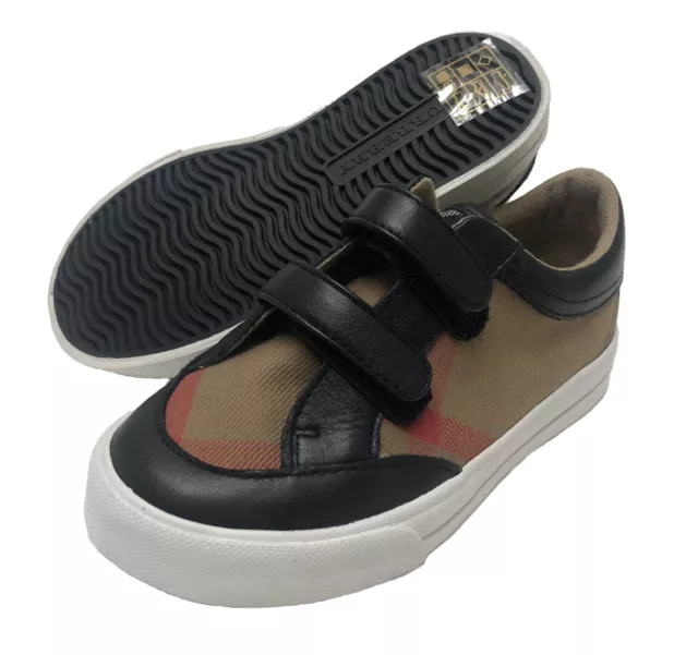 Burberry Children House Check Black Leather Strap Sneakers Shoes 26 9 New