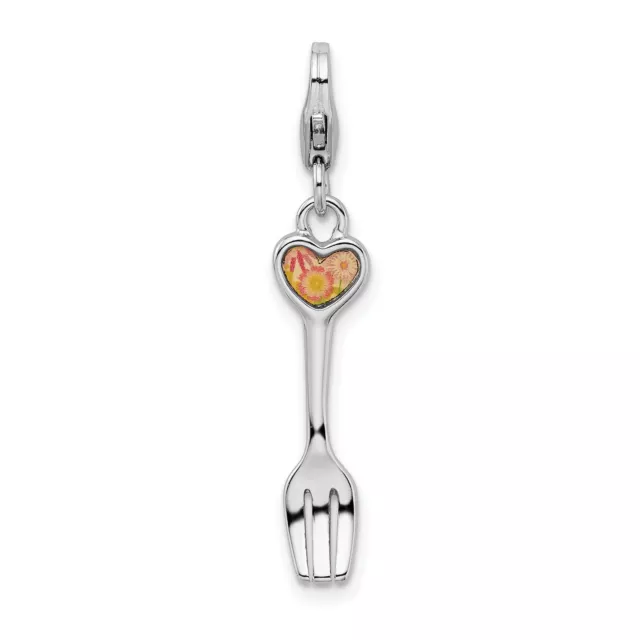 Sterling Silver 3-D Flower Heart Fork Clip On Lobster Clasp Charm Pendant