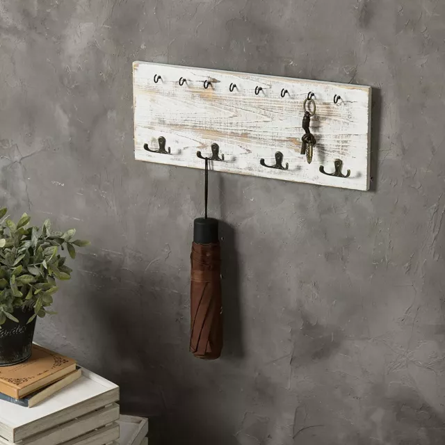 Vintage Whitewashed Wood Wall Mounted Coat Hook and Key Holder Rack In Entryway