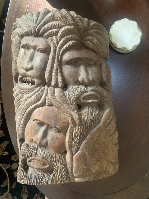 LARGE hand carved wood HEAD face 17 " TALL bust figures sculpture men beards