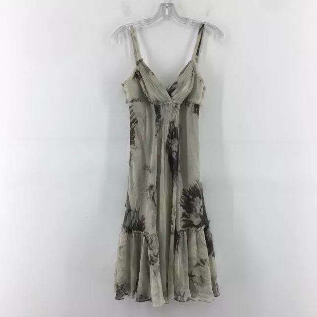 BCBG MaxAzria Gray Floral Silk V Neck Drop Waist A-Line Midi Dress Womens 4