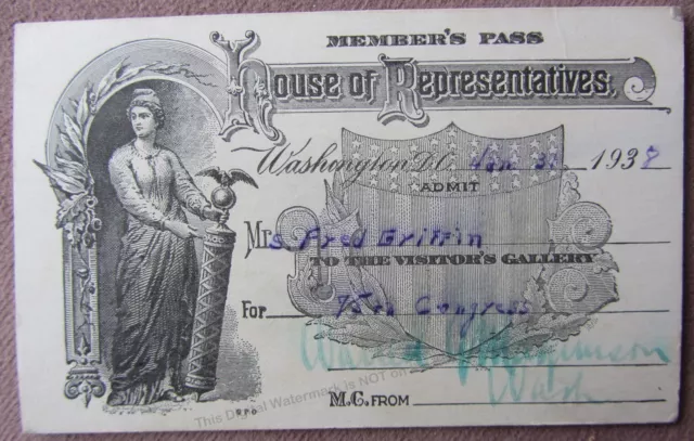 1938 Congress House of Representatives Member’s Pass Visitor’s Gallery WA State