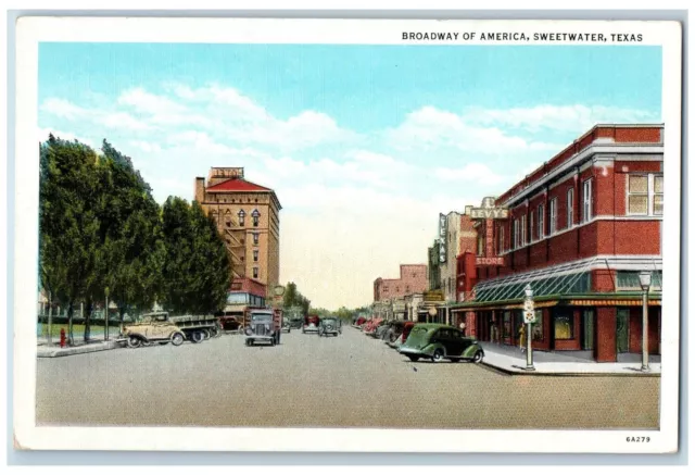 Sweetwater Texas TX Postcard Broadway Of America Business Section c1940's Cars