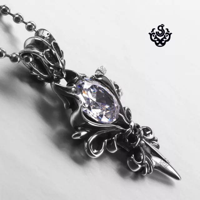 Silver pendant vintage style stainless steel cz Fleur-De-Lis sword necklace 3