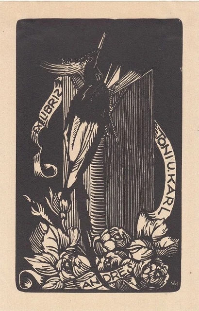 Exlibris Bookplate Holzschnitt Anna Mackova 1887-1969 Wiedehopf Bücher