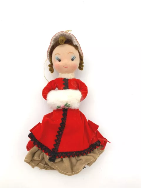 VTG Victorian girl Christmas ornament red coat/hat midcentury kitsch no skates