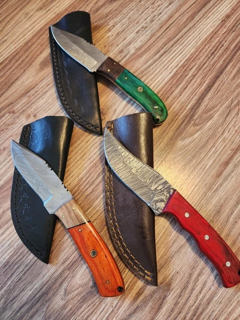 Hand Crafted Skinner Knife Damascus Ash Wood Brass Guard Lot of 3 Hiking