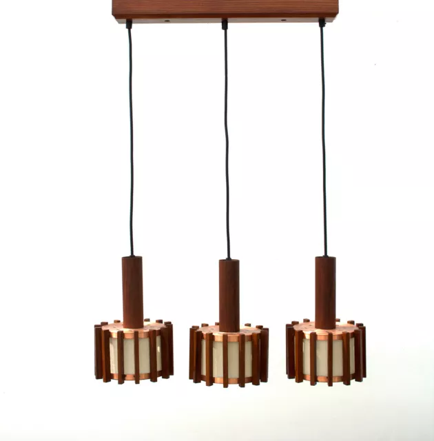 Vintage 1960s Danish / Temde style large teak copper three shades pendant lamp