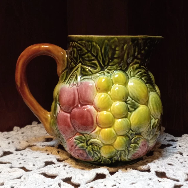 VTG Salins Les Bains France Majolica Fruit Motif Absinthe Jug Pitcher 4.5" EUC