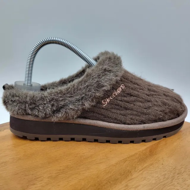 Skechers Keepsakes Postage Women’s 7 Brown Cable Knit Fur Mule Slipper Shoes
