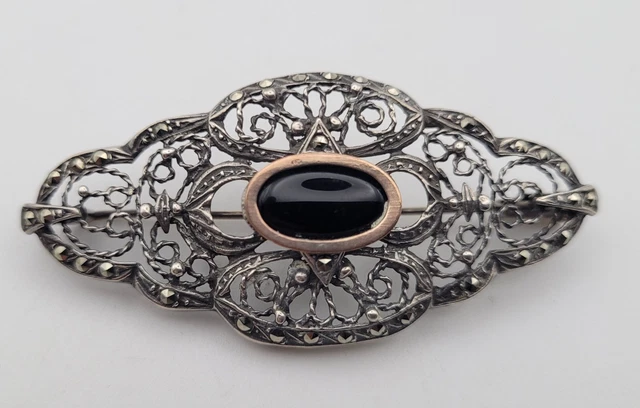 Broche Ancienne En Argent - Décor Hématite Et Marcassites - Vintage Très Bon état