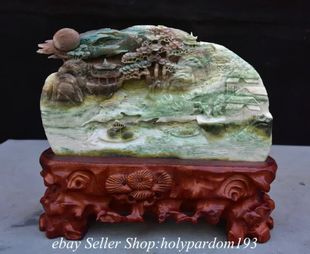10" Chinese Natural Dushan Jade Carved Mountain Tree House Figure Statue Y