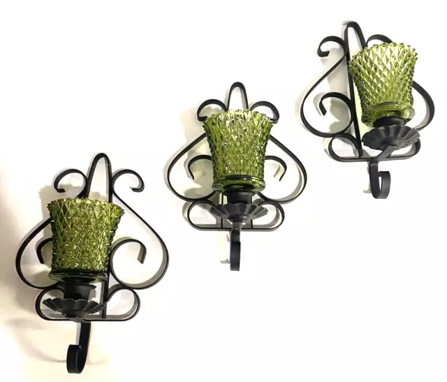 3 Vintage 70s Wrought Iron & Green Glass Diamond Cut Votive Candle Wall Sconce