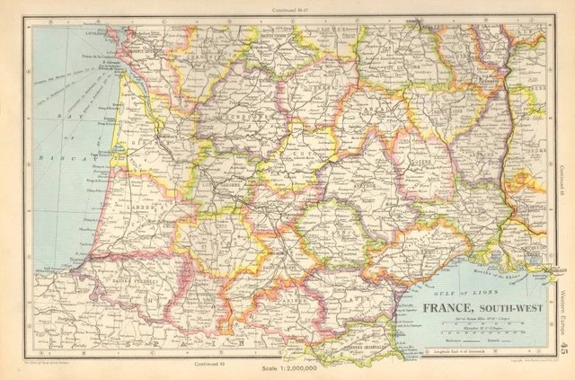 Antique Map 1947 Bartholomew France, South-West