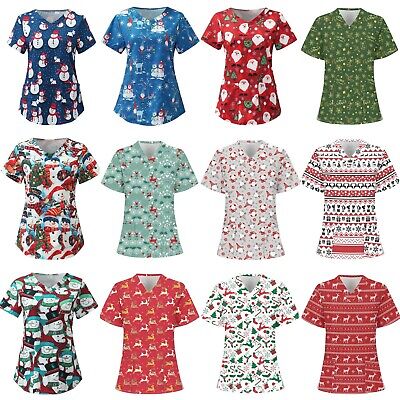 Women Nursing Scrub Tops Printed Medical Uniform Merry Christmas Flowers Shirts`