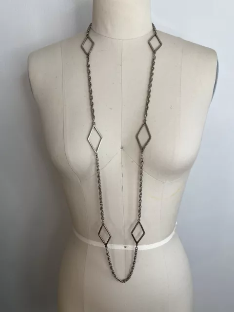 Vintage 70s Polish Jewelry Necklace Long Silver Tone Chain Link Strand Diamond