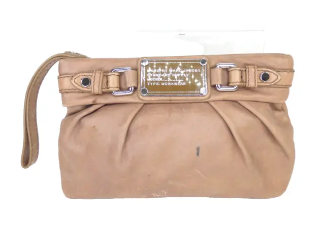 Marc Jacobs Clutch Bag Tan Leather Mini Party Purse Brass Plaque Vintage