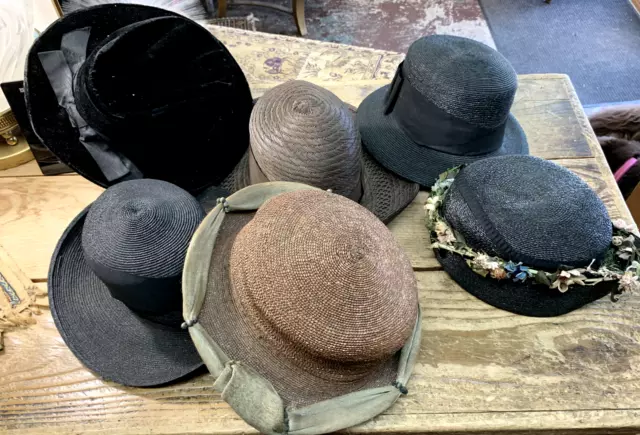 Lot of 6 Antique Victorian Edwardian Ladies Hats Hat Straw Velvet