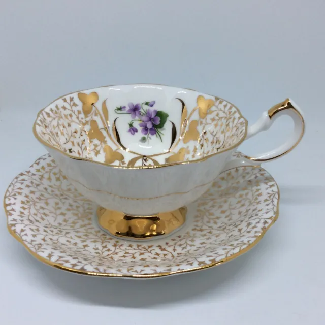 Heavy Gold Tea Cup Saucer England Sweet Pea Purple Flower Queen Anne Wide Mouth