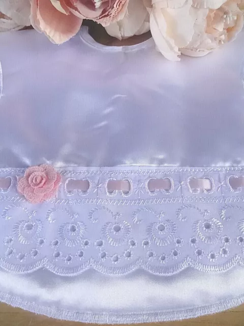 Baby Satin Bib White Pink Flower Girl Broderie Anglaise Lace Christening Lined