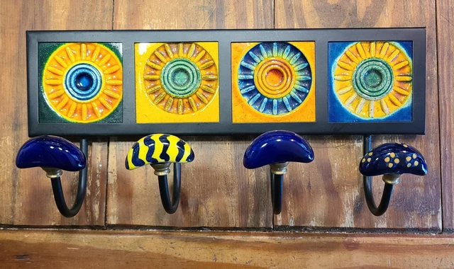 Pier 1 One Ceramic Colorful 12" Wall Hook Rack Hanger 4 Hooks Hand Painted