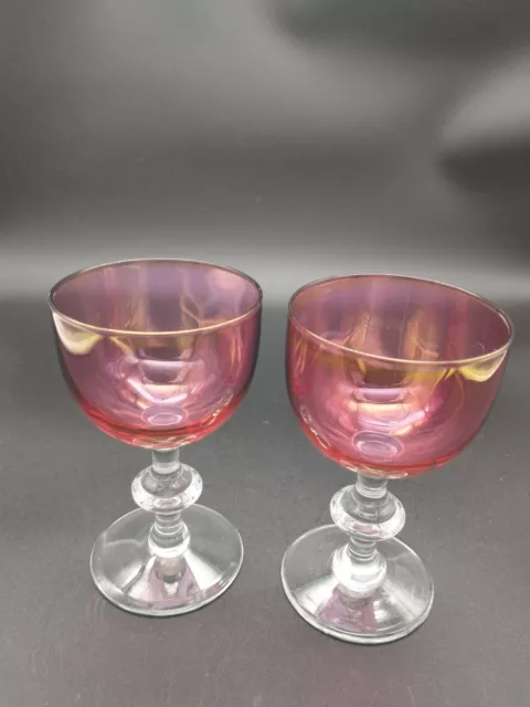 Tiffin King's Crown 4 1/2 Wine Ruby Red Pink Cordial Goblet Glasses Set of 2 VTG