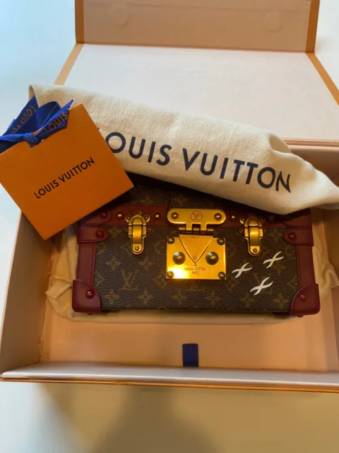 Auth Louis Vuitton Monogram Print Leather Trim Petite Malle Trunk Cross +Box Bag