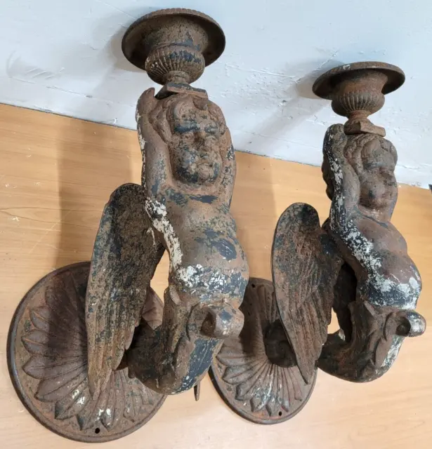 Pair Vintage Antique Cast Iron Wall Hanging Sconce Winged Cherubs Victorian 37lb