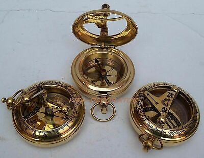 Lot Of 3 Collectible Vintage Maritime Brass Push Button Sundial Pocket Compass