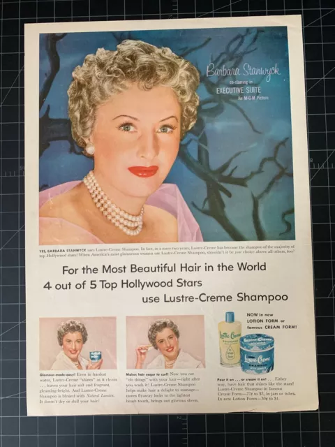 Vintage 1957 Lustre-Creme Shampoo Print Ad - Barbara Stanwyck