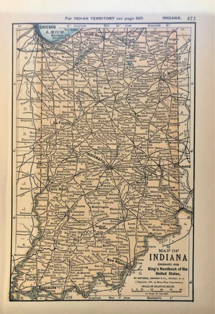 Authentic 1891 Color Map ~ State of  INDIANA ~ Great Detail ~ Original ~ RARE