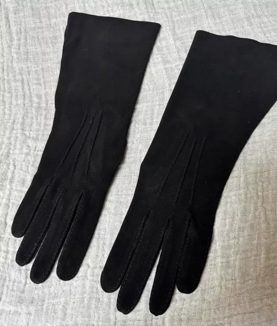 Vintage Kislav Women’s Black Suede Gloves 6 1/2 French Washable I.Magnin & Co