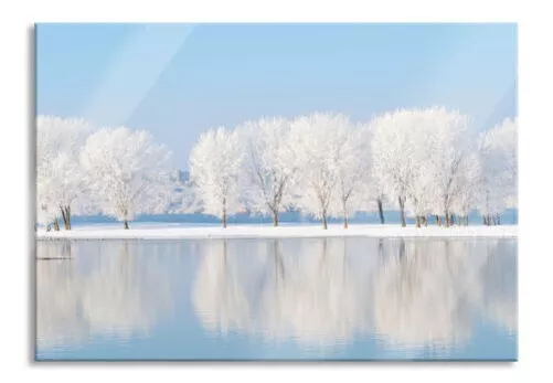 Cubierta de Nieve Árboles en Invierno Imagen De Vidrio Real, Incl. Soporte Pared