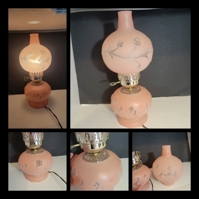 Vintage Frosted Pink Glass Floral Hurricane Boudoir Globe Table Lamp