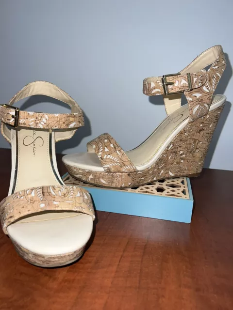 JESSICA SIMPSON Size 8M Kiera Etched Cork Platform Wedge Sling Back Sandals