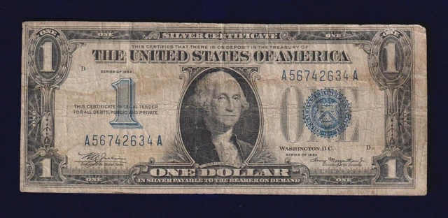 1934 $1 Funnyback Silver Certificate Note - Old One Dollar Bill - Fr. 1606
