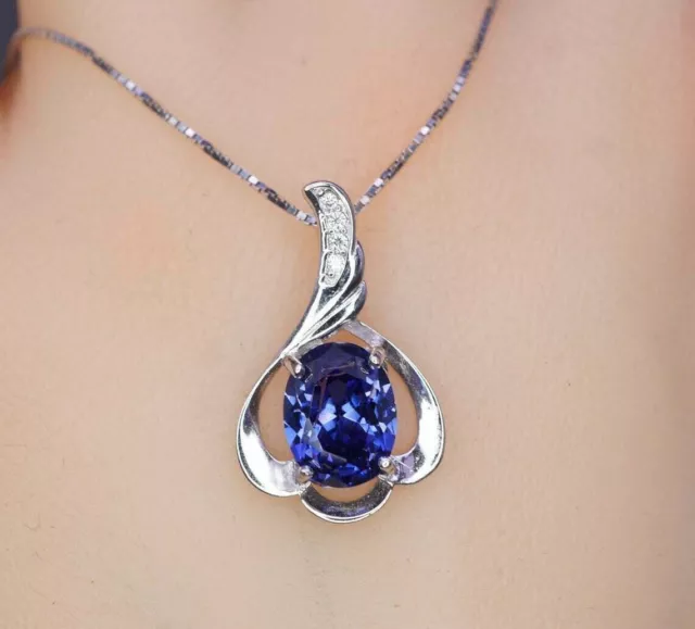 2Ct Oval Cut Blue Sapphire Diamond Solitaire Pendant 14K White Gold Finish Chain