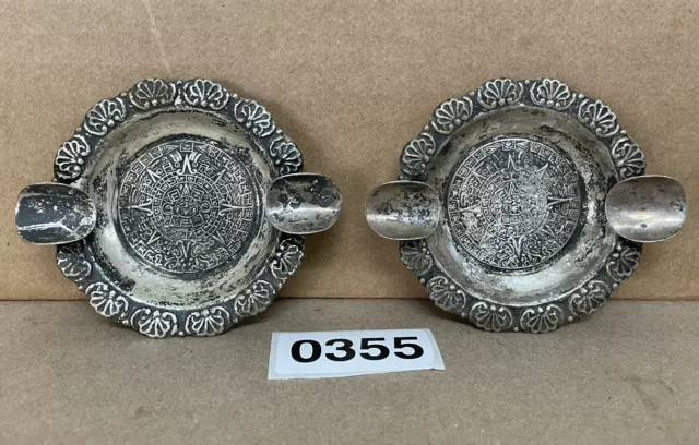 🪄 Plat-Mex-S.A. Mayan Calendar Ashtrays 925 Sterling Silver Mexico 3” Lot