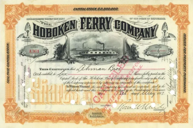 Hoboken Ferry Co. - Orange Issued to Lehman Brothers - 1897 dated Shipping Stock