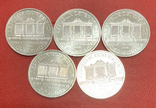 Lot De 5 Pieces De 1 Once En Argent Philarmonique Autriche 2008 Fdc