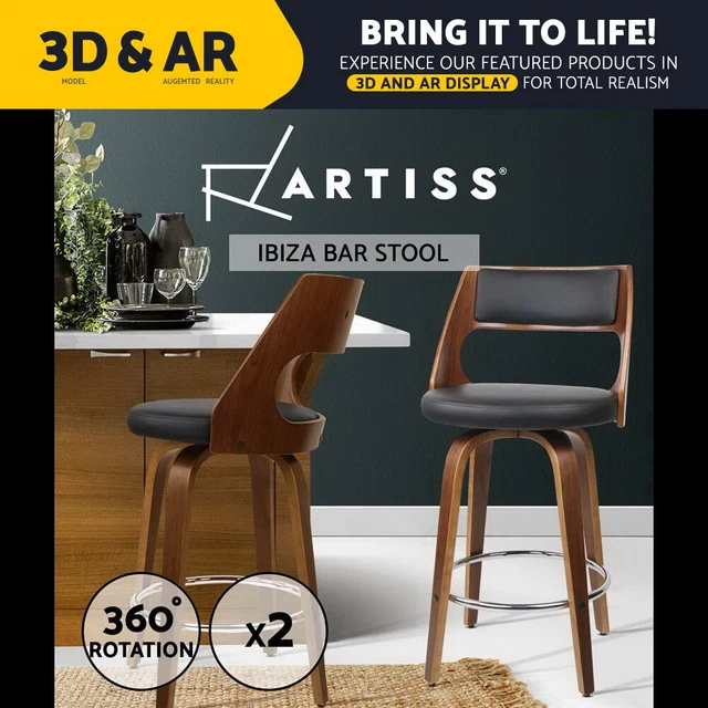 Artiss 2X Wooden Bar Stools Swivel Bar Stool Kitchen Dining Chair Cafe Black