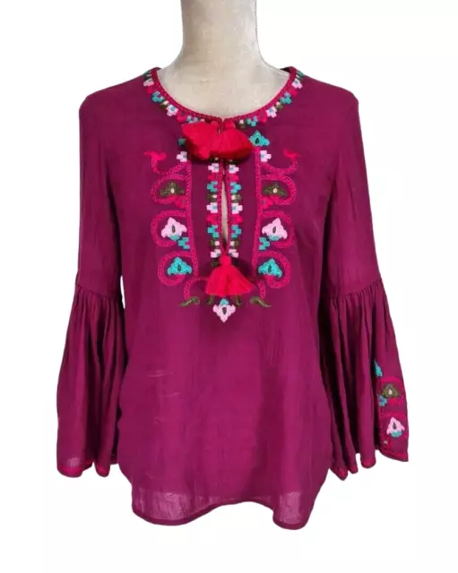 FIGUE Womens Embroidered Top Size S Loose Fit Long Bell Sleeve Crew Neck  299P