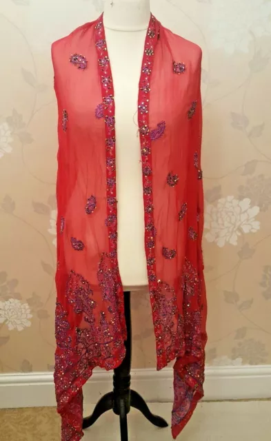 pashmina Shawl /wrap - stole sequence / embroidery/bead  red chiffon