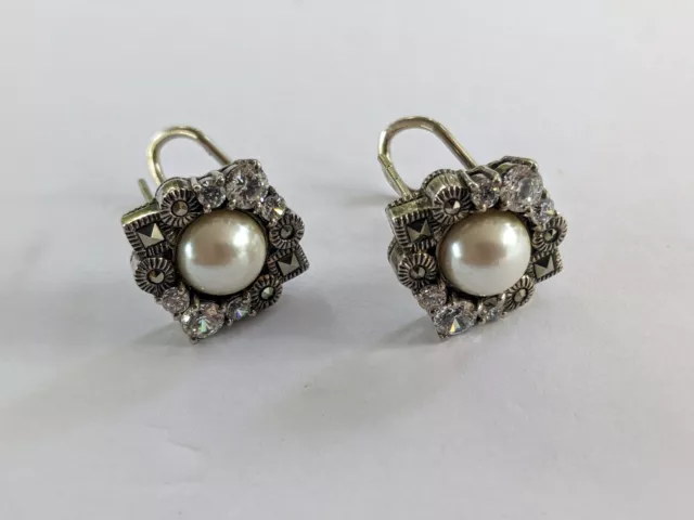 JUDITH JACK JJ Sterling Silver Pearl Earrings w/Marcasite & Crystal OMEGA VTG