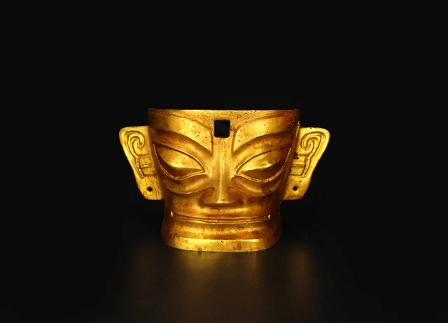 Chinese Rare Old copper gilded Handmade Build Sanxingdui mask San Xing Dui 三星堆